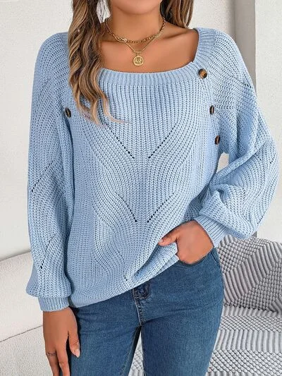 Openwork Buttoned Square Neck Sweater Women