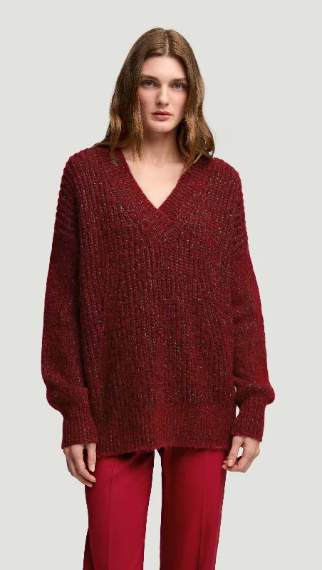 V-Neck Sweater in Marl Yarn | Burgundy Tough Women's Military - inspired