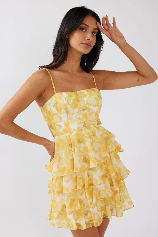 Lauran Tied Back Frill Dress Floral Yellow Sophisticated Women's Tailored