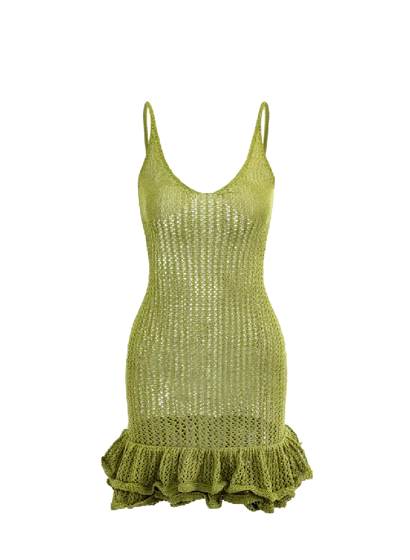 A&A Green Knit Ruffle Mini Dress