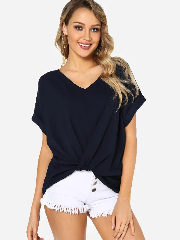 Custom V-Neck Plain Pleated Short Sleeve Ruffle Hem Blue T-Shirts