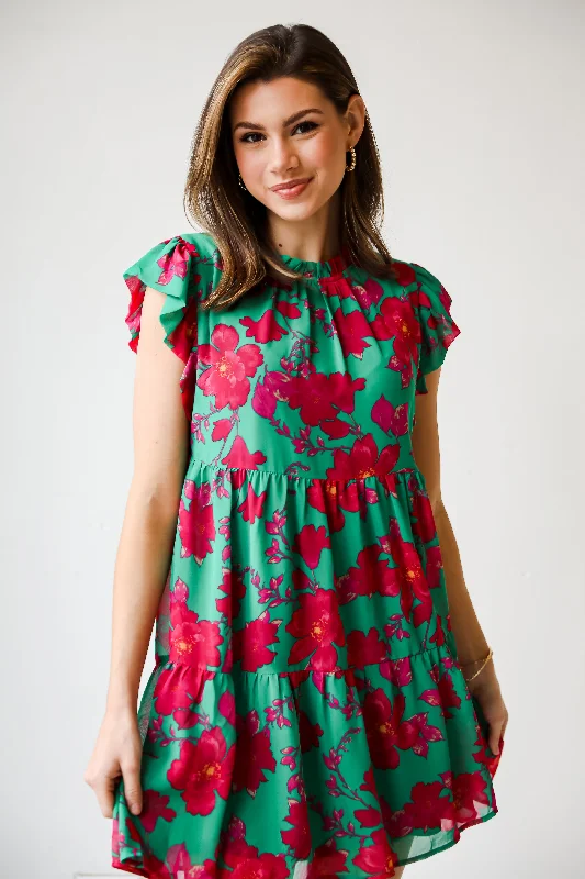 FINAL SALE - Sweetest Emotion Kelly Green Tiered Floral Mini Dress Street