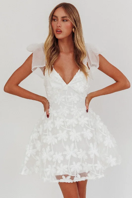 Mykonos Morning Tied Shoulder Mini Dress Embroidered Palm White performance