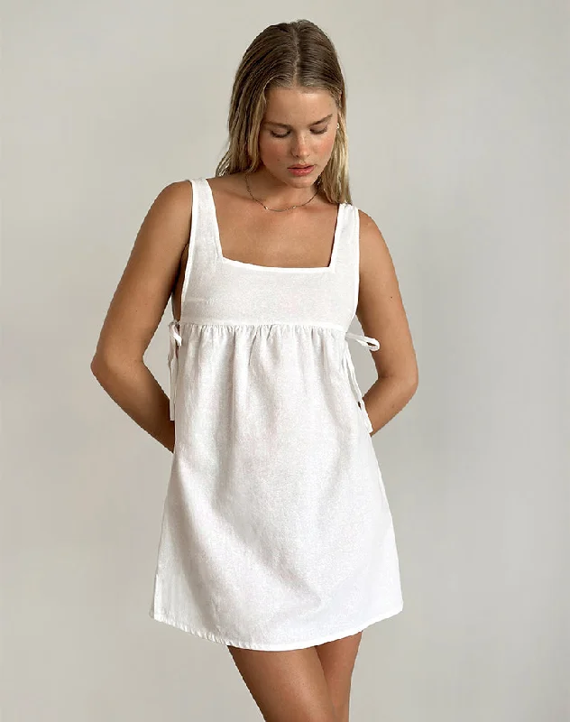 Kawase Tie Side Mini Dress in Linen White Business