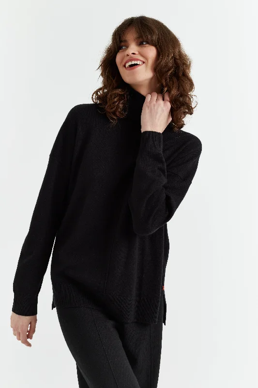 Black Wool-Cashmere Relaxed Rollneck Sweater Sophisticated Women's Tailored