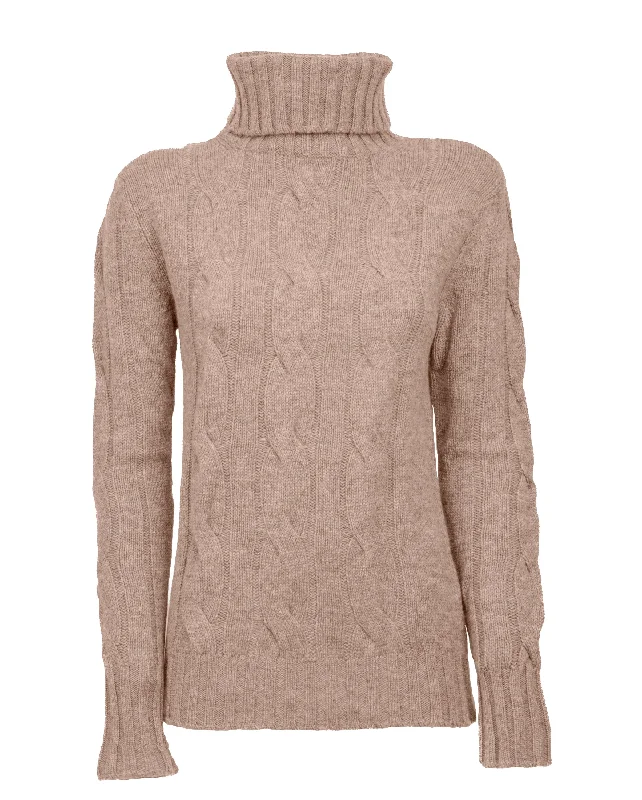 NEW FALL 24 - Women's Pure Cashmere Cable Knit Turtleneck Sweater Taupe by Monticelli Cashmere Business