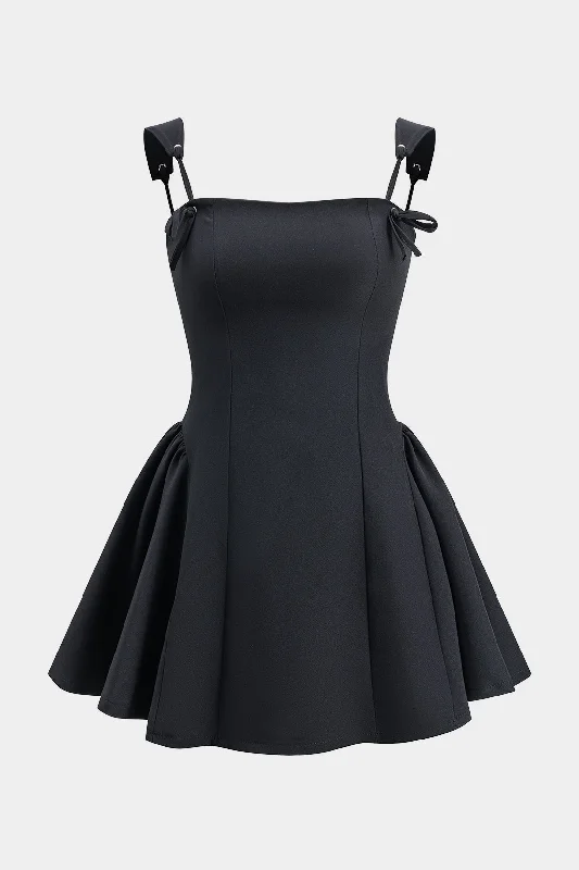Pleated Bow Zipper Tie Back Slip Mini Dress Youthful Women's Anime - inspired