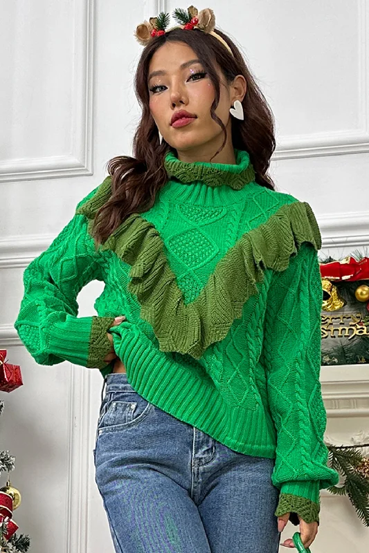 Cable-Knit Ruffled Mock Neck Lantern Sleeve Sweater Confident Women's Power