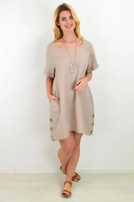 Light Taupe Natural Linen Tunic Shift Dress