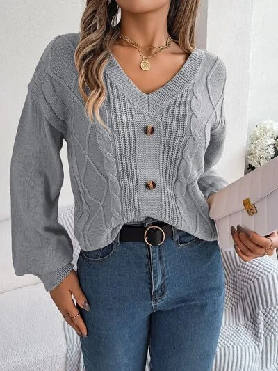 Cable-Knit Buttoned V-Neck Sweater Cozy Women's Winter
