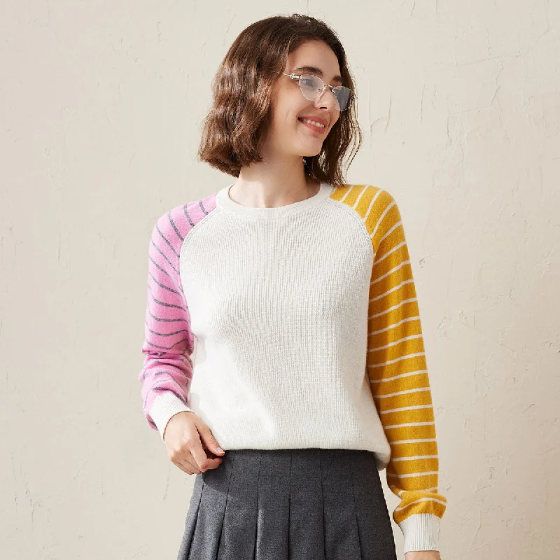 100% Cashmere Color Block Striped Sleeve Sweater Contemporary 