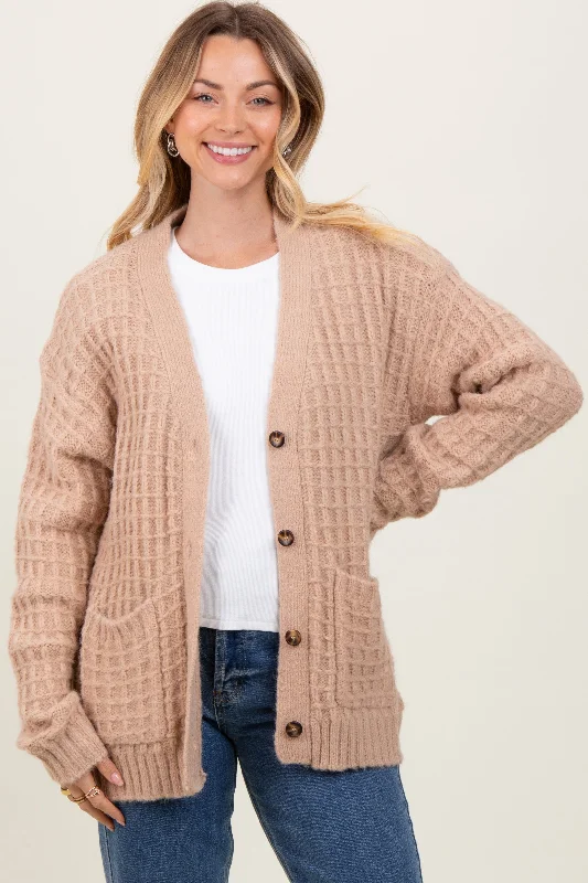 Beige Waffle Knit Button Up Cardigan Sporty Women's Athleisure 