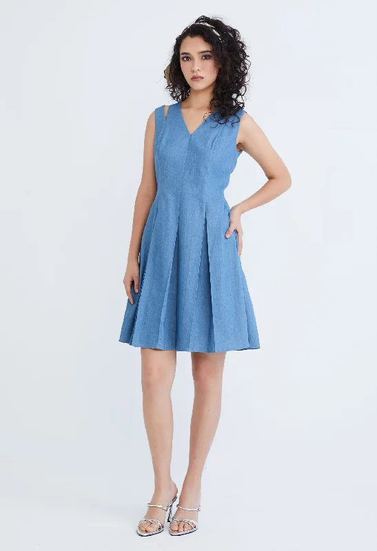 Cold Shoulder Pleated Denim Dress Street