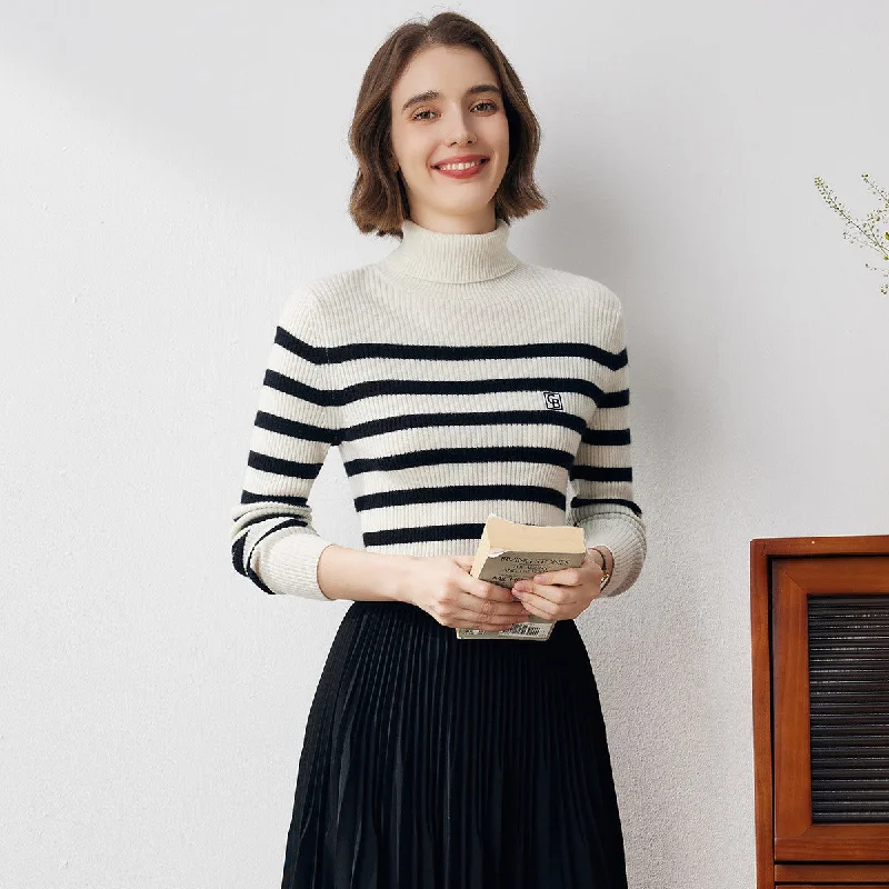 100% Cashmere Striped Turtleneck Knit Sweater French
