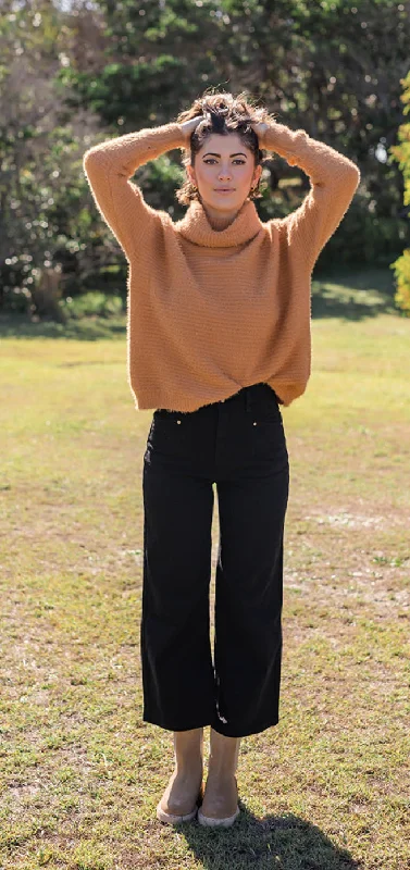 Fluffy Tan Cowl Neck Knit Modern Women's Tech
