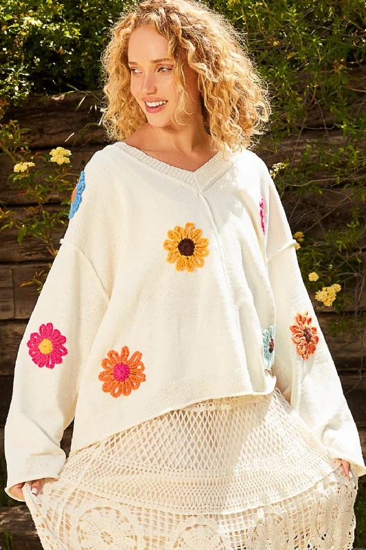 POL V-Neck Flower Patches Long Sleeve Sweater Sophisticated Women's 
