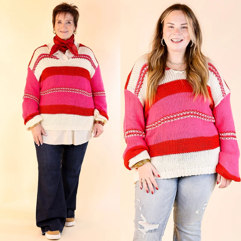 Cozy On Up Long Sleeve Striped Sweater in Red Mix Sophisticated Women's 