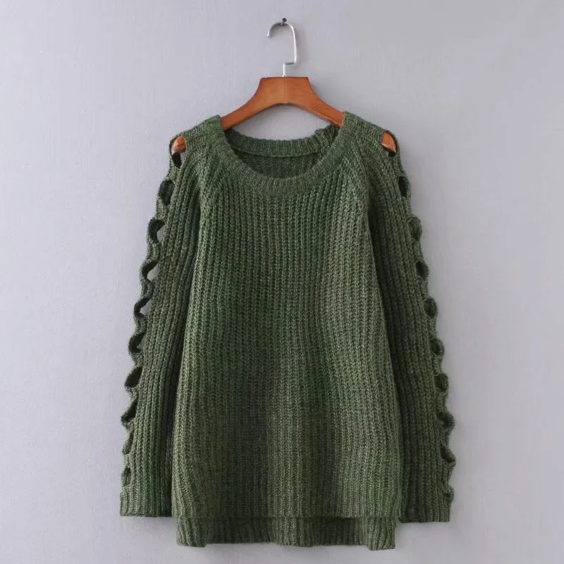 New autumn and winter pullover hollow out solid color thickened loose sweater and sweater  1373