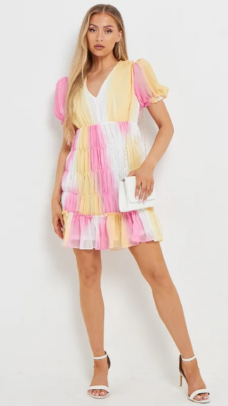 Campbell Pink & Yellow Puff Sleeve Mini Dress Country