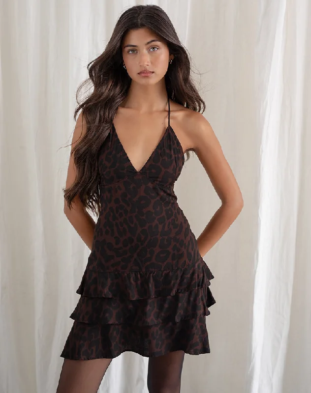 Nenita Halterneck Mini Dress in Oversize Jaguar Brown Artistic Women's Hand - painted