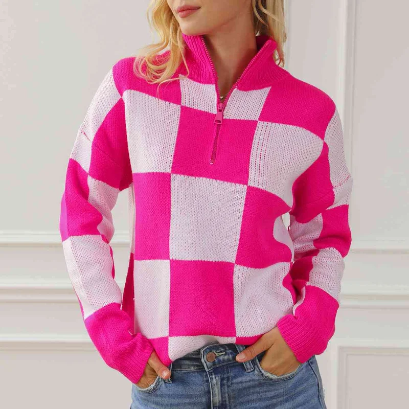 Checkered Half Zip Long Sleeve Sweater Practical Women's Quick - dry