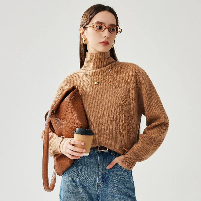 100% Cashmere Womens Turtleneck Ribbed Sweater Athletic Women's High - 