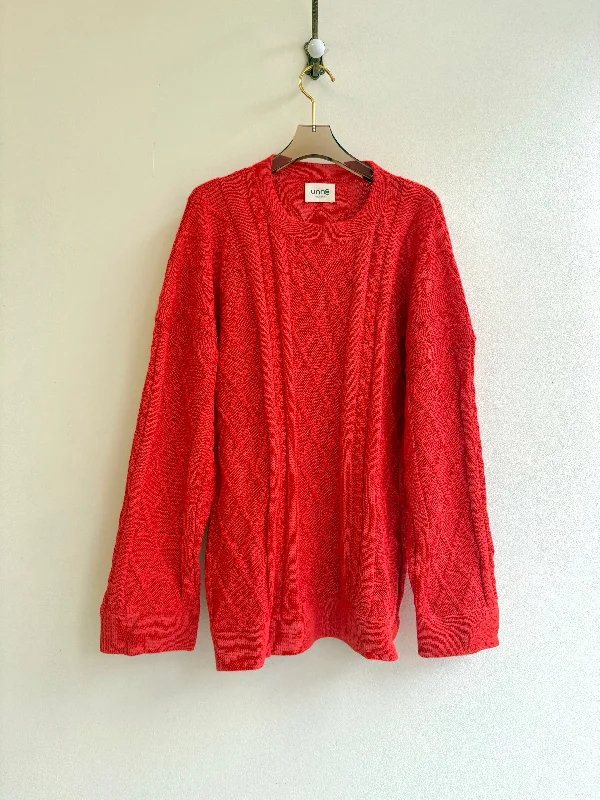 Oversized Red-Orange Alpaca Cable Knit Sweater (Unisex)