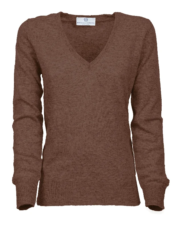 NEW FALL 24 - Women's Pure Cashmere V-Neck Sweater Brown by Monticelli Cashmere Monochromatic All - in - one