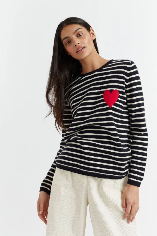 Navy-Cream Breton Heart Wool-Cashmere Sweater Dapper Women's 1920S