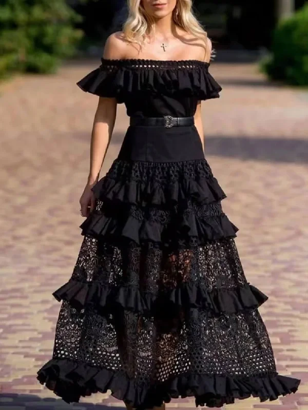 One-Shoulder Ruffled Hollow Swing Graceful Lace Patchwork Long Dress