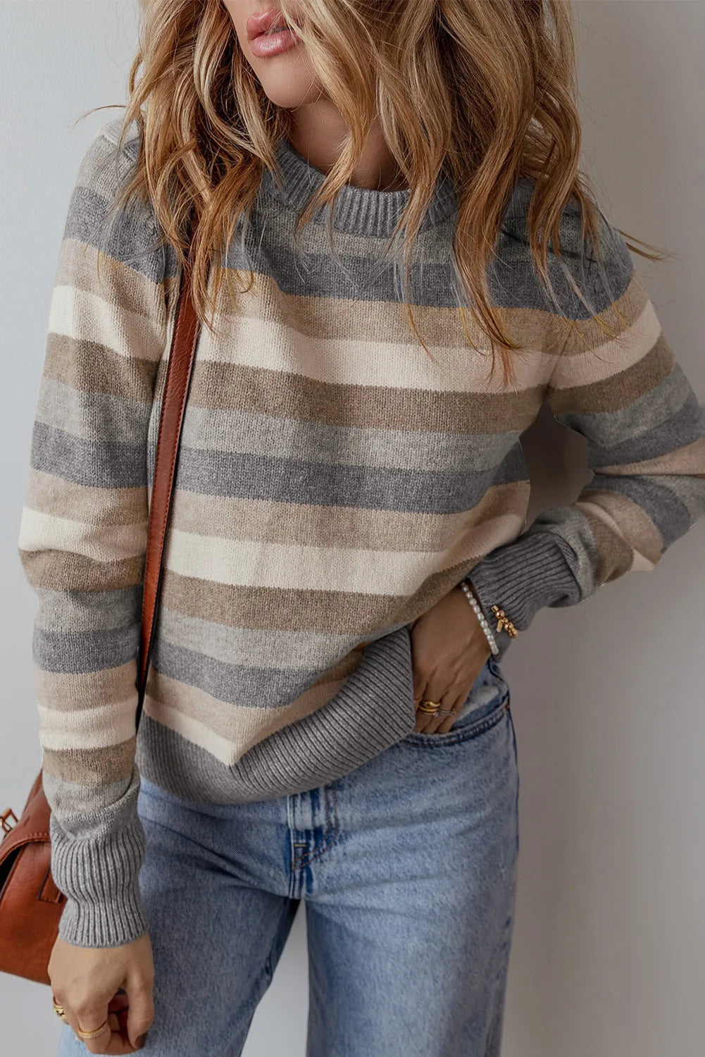 Striped Round Neck Long Sleeve Sweater Women