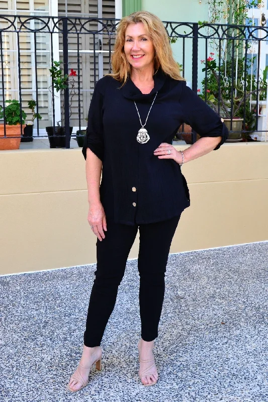 Black Rolled Neck Coconut Button Tunic Top