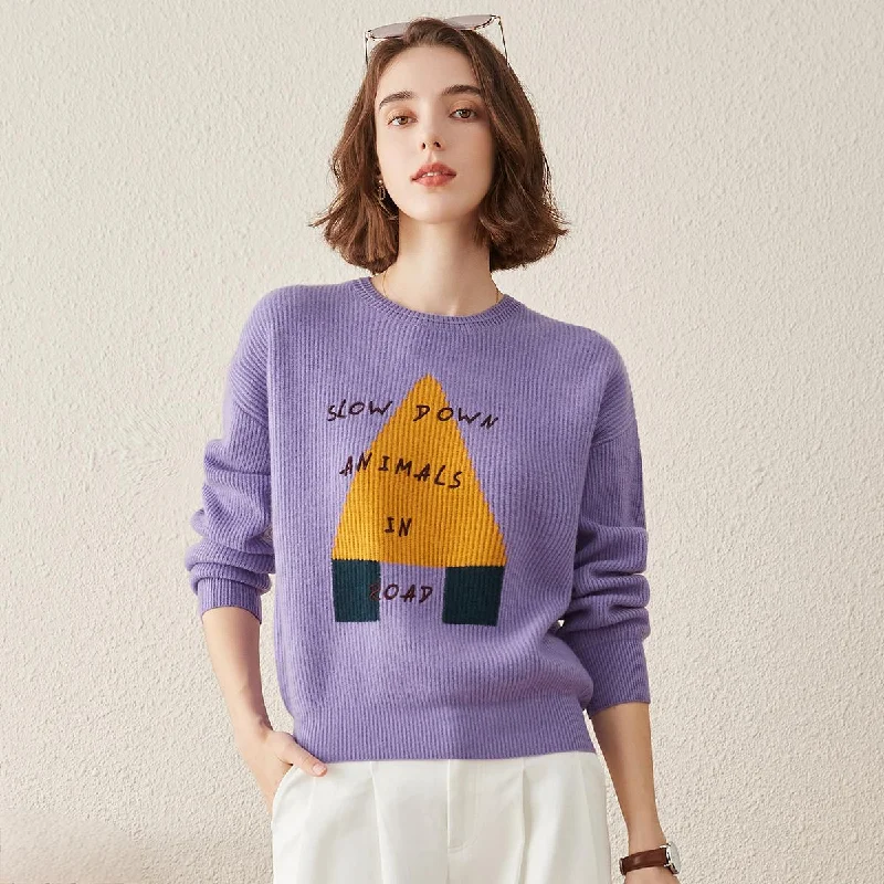 100% Cashmere Ribbed Graphic Knit Sweater Street