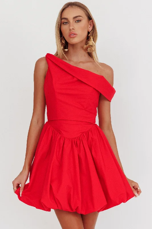 Celinda Asymmetric Neckline Balloon Mini Dress Red Gym