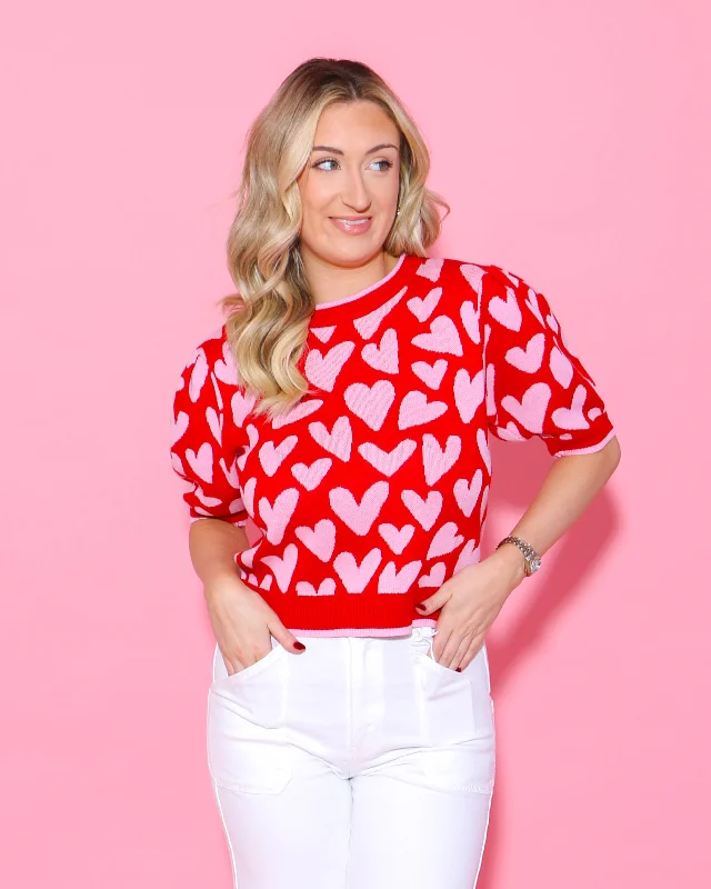 Hearts Pattern Short Puff Sleeve Sweater Top Minimalist Women's Casual
