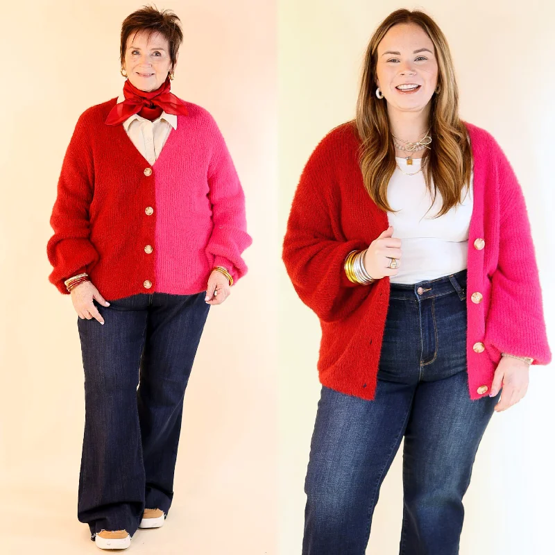 Fireside Feels Color Block Button Up Cardigan with Balloon Sleeves in Hot Pink and Red Scandinavian