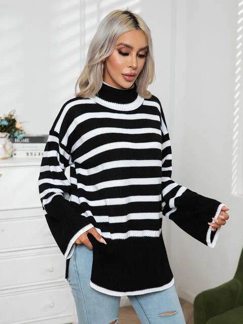 Striped Slit Turtleneck Drop Shoulder Sweater Sporty Women's Athleisure 