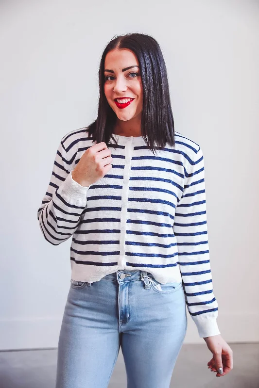 Joanna Striped Cardigan-White/Navy