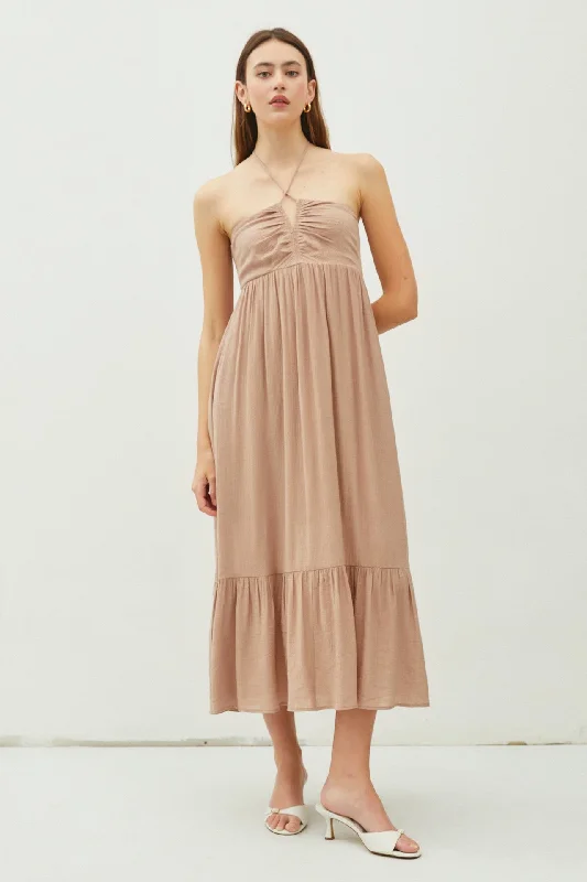 Taupe V-Front Halter Midi Dress