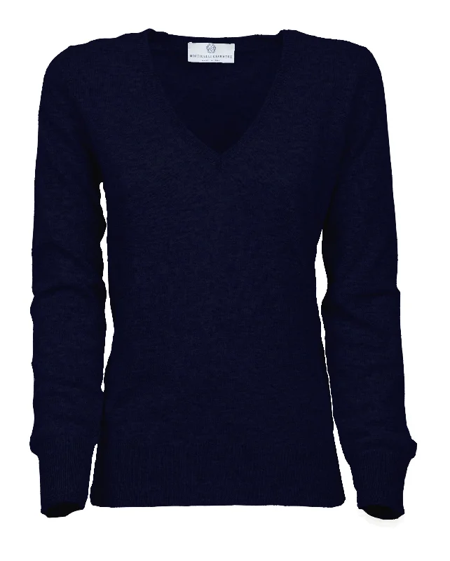 NEW FALL 24 - Women's Pure Cashmere V-Neck Sweater Night Blue by Monticelli Cashmere Vintage Women's 1970S 