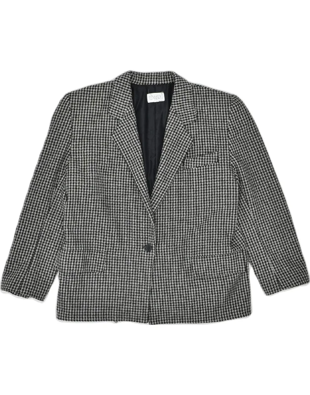 VINTAGE Womens 1 Button Blazer Jacket EU 42 Large Grey Check Wool Classic Vacation