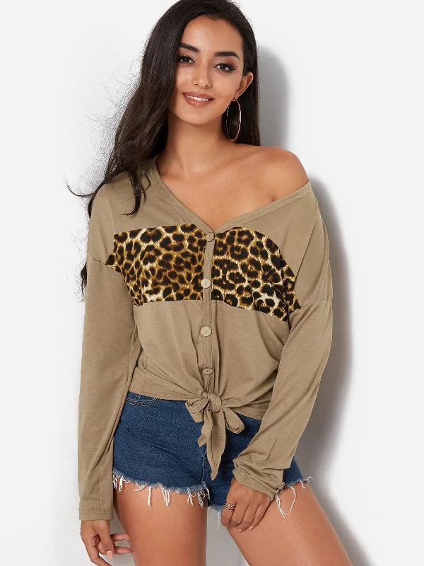 Custom V-Neck Leopard Khaki T-Shirts