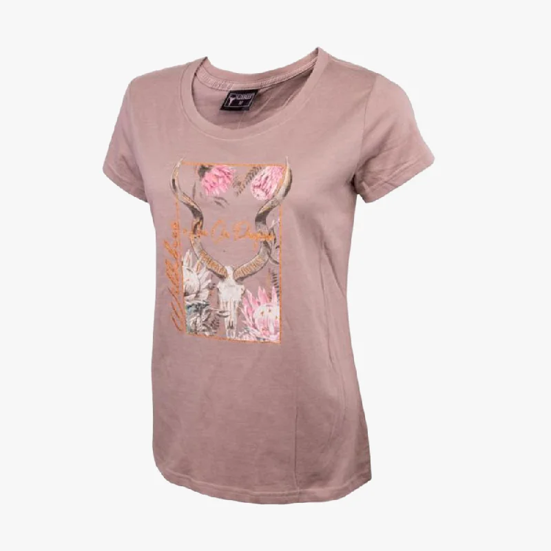 Wildebees Womens Protea Kudu Skull Short Sleeve Tee Latte Melange Laid - back Women's Style Wildebees Womens Protea Kudu Skull Short Sleeve Tee Latte Melange Laid - back Women's Style