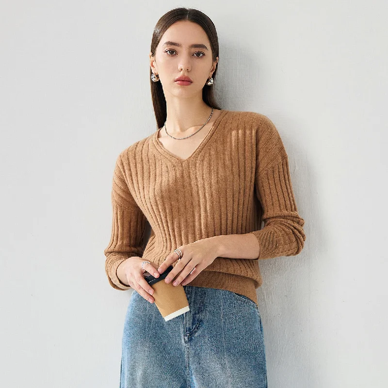 100% Cashmere Womens Cozy Ribbed V-Neck Sweater Cool Women's Skate