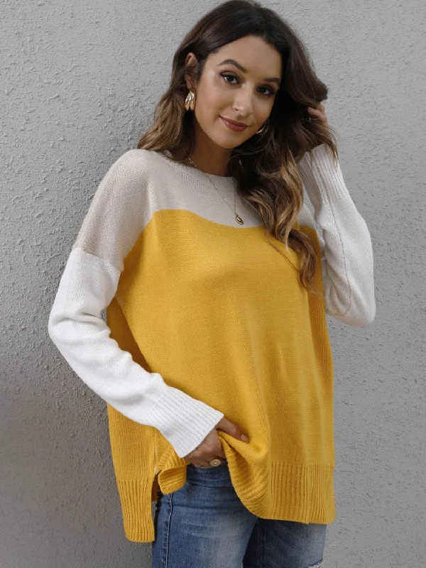 Color Block Round Neck Sweater Sophisticated Women's Tailored