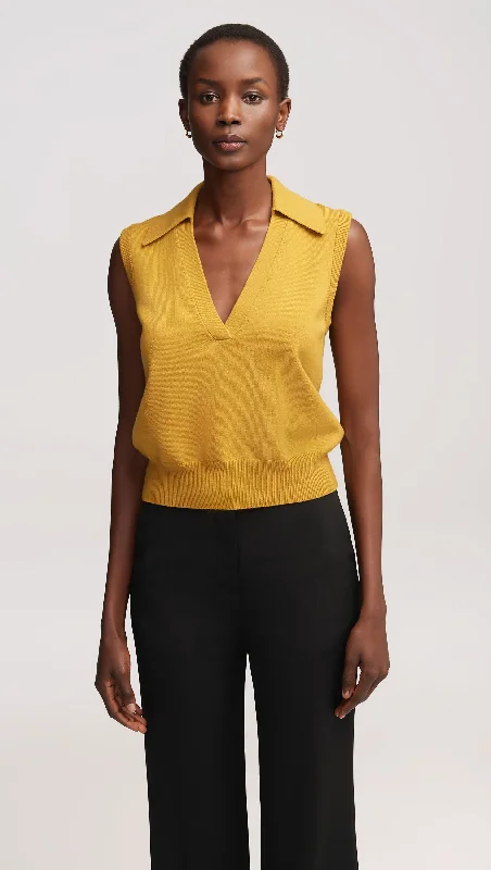 Collared Sleeveless Knit in Merino Wool | Mustard Compression
