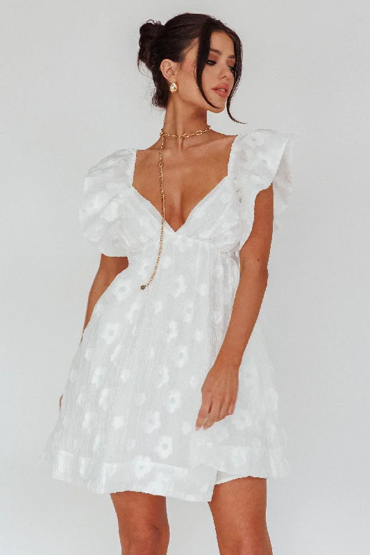 Melrose Place Floral Textured Frill Dress White Youthful Women's Anime - inspired