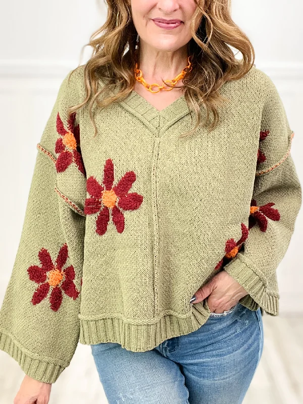 Life Is A Flower V-Neck Floral Pattern Chenille Pullover Sweater Top Artistic Women's Avant - 