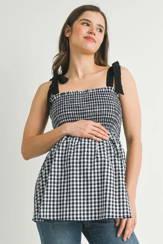 Gingham Smocked Shoulder Tie Sleeveless Maternity Top