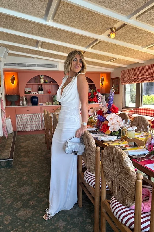 Women's Maxi Drape Scoop Front Dress White Traditional Women's 